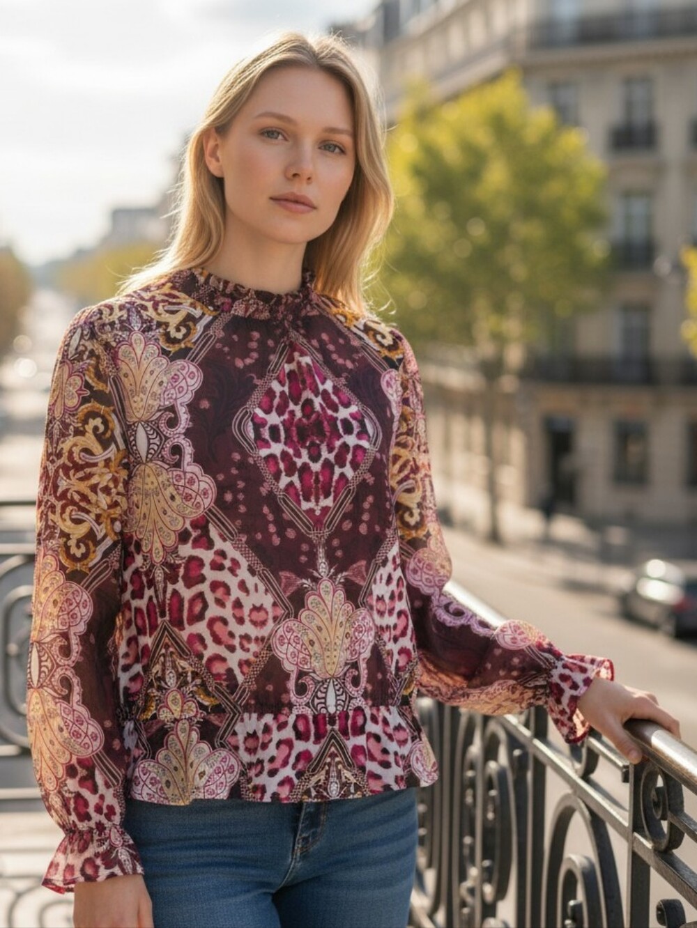 New York Co. Woven Ruffle-Neck Mixed Print Blouse - Burgundy/Multi  #BL30
